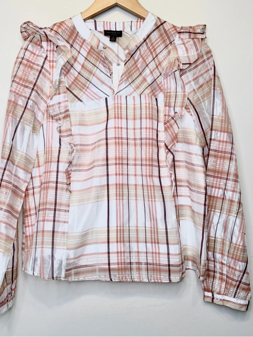 Current Air | Anthro NWT Polly Plaid Ruffle Shoulder Long Sleeve Peasant Blouse - Picture 4 of 15